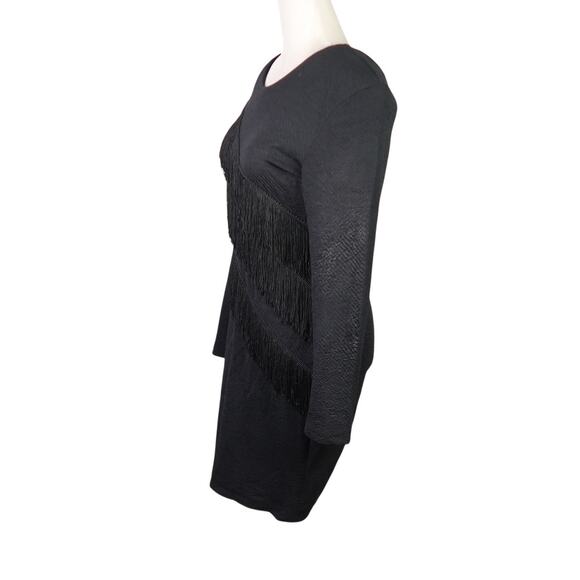 Vintage 80s Unit Black Western Fringe Trim Bodycon Knee Length Dress L - Picture 3 of 6